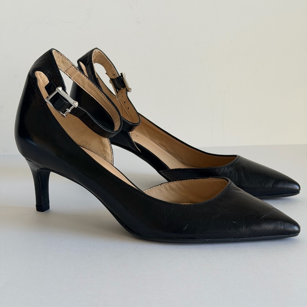 Franco Sarto Black Leather Ankle Strap Pumps Women’s 6.5 Pointed Toe Low Heel